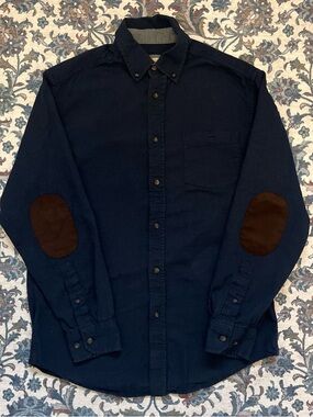Haggar Navy Button-Down Shirt with Brown Elbow Patches